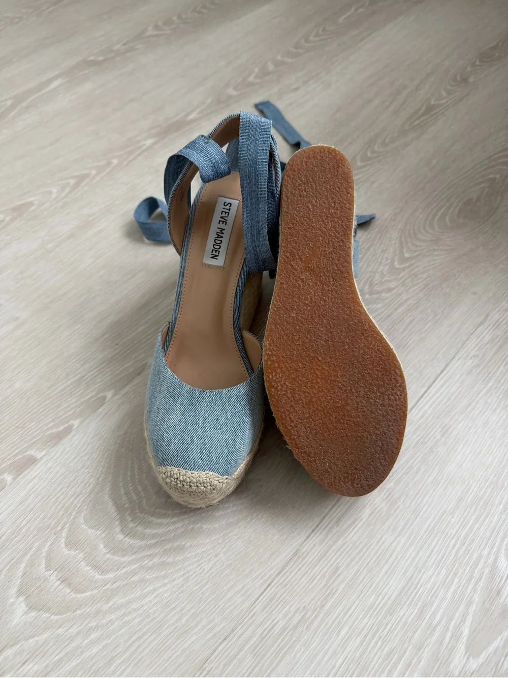 Steve Madden Light Blue Denim Espadrille Wedge Sandals with Ankle Ties